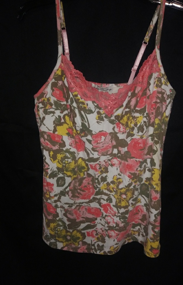 French Laundry XL Coral Floral Camisole Cotton Stretch Top in Tangerine n Olive - Picture 1 of 2
